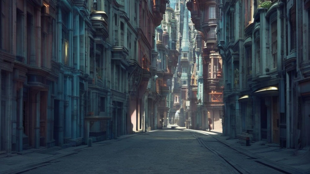 Deserted city street with tall ornate buildings under a muted sky