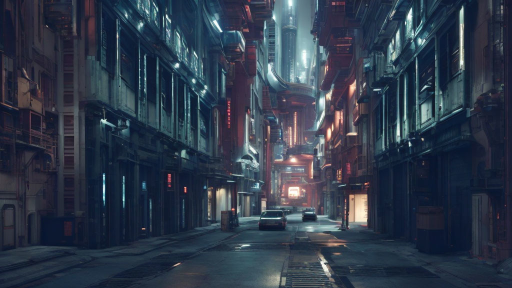 Cyberpunk alley with neon signs and towering skyscrapers