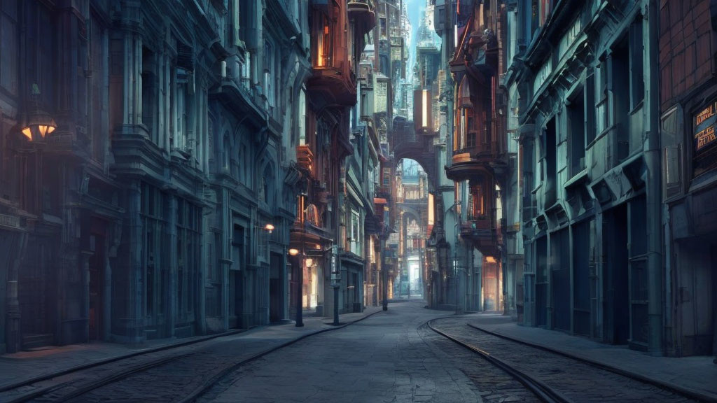 Futuristic city street with tall buildings and tramway under twilight sky