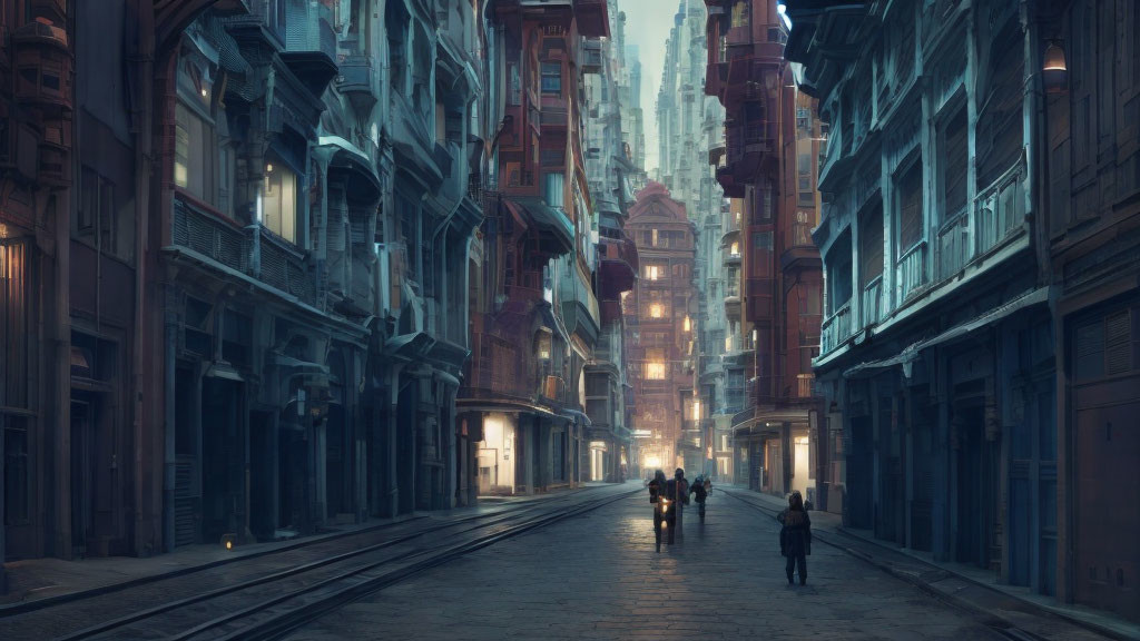 Neo-Gothic Urban Street Scene with Tall Buildings at Dusk or Dawn