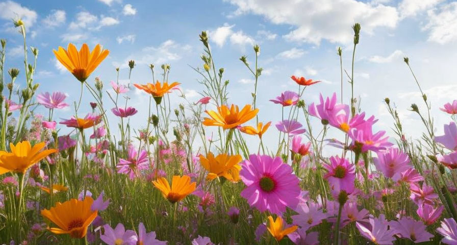 Colorful pink and orange flower field under a blue sky