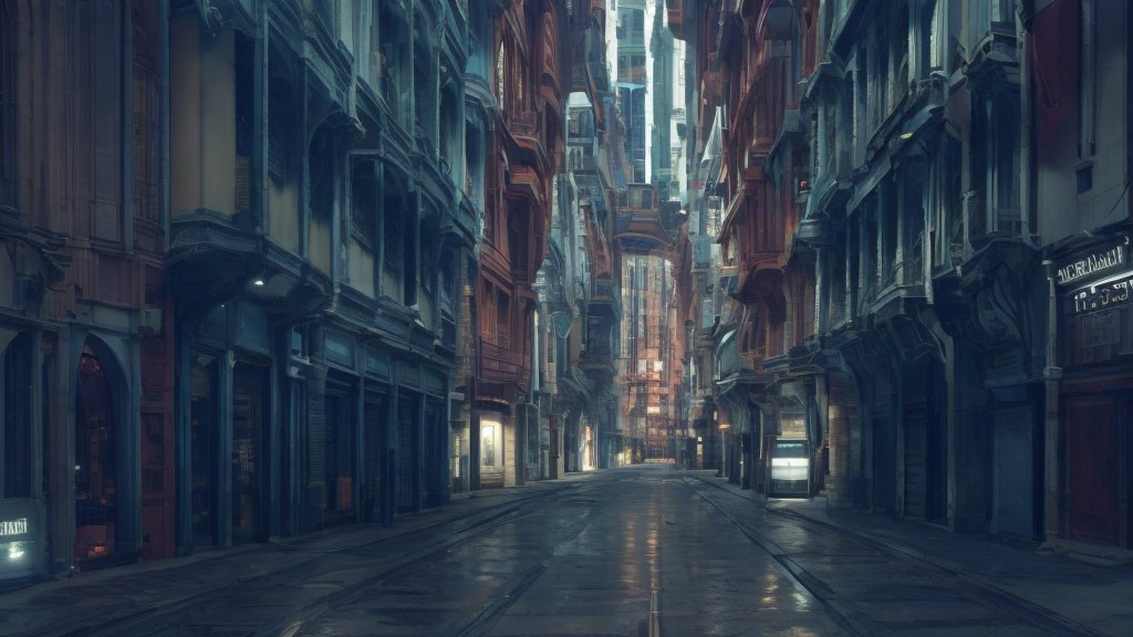 Futuristic city alley with tall buildings and neon signs