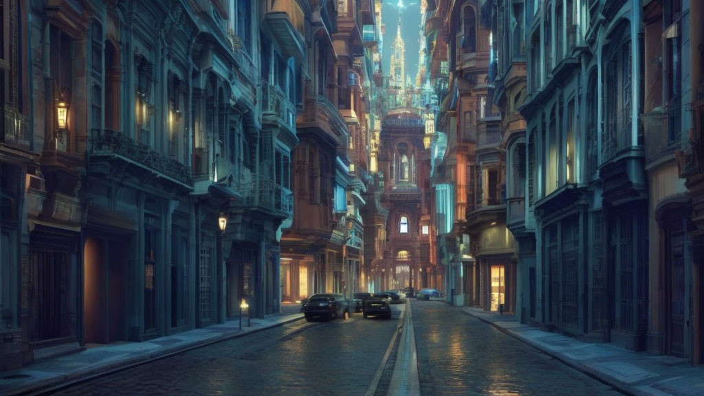 Cityscape at Dusk: Cobblestone Street, Classical Buildings, and Futuristic Structure