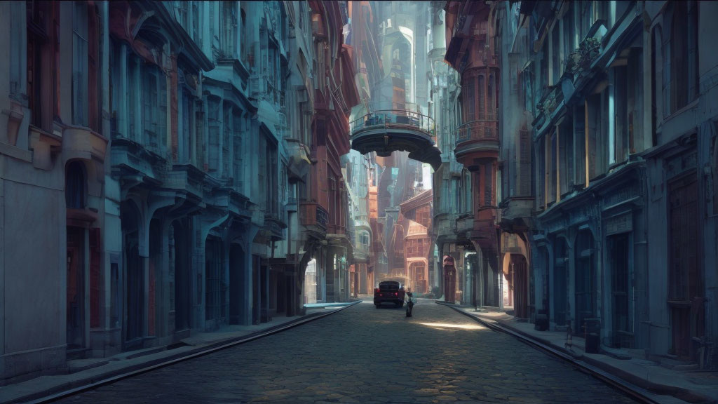 Steampunk fantasy street scene with tall ornate buildings and a car