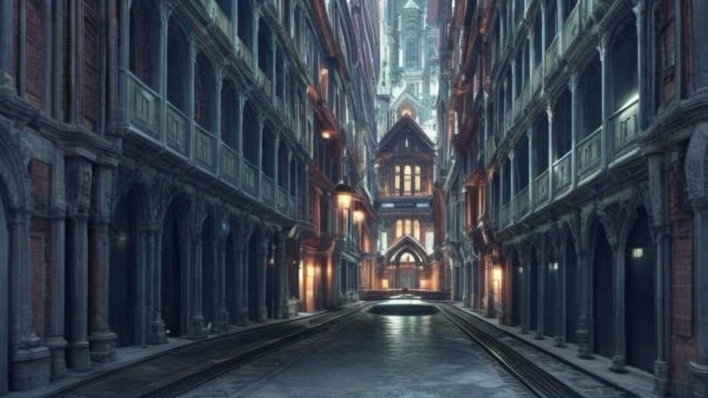 Gothic-style architecture in dimly lit alley