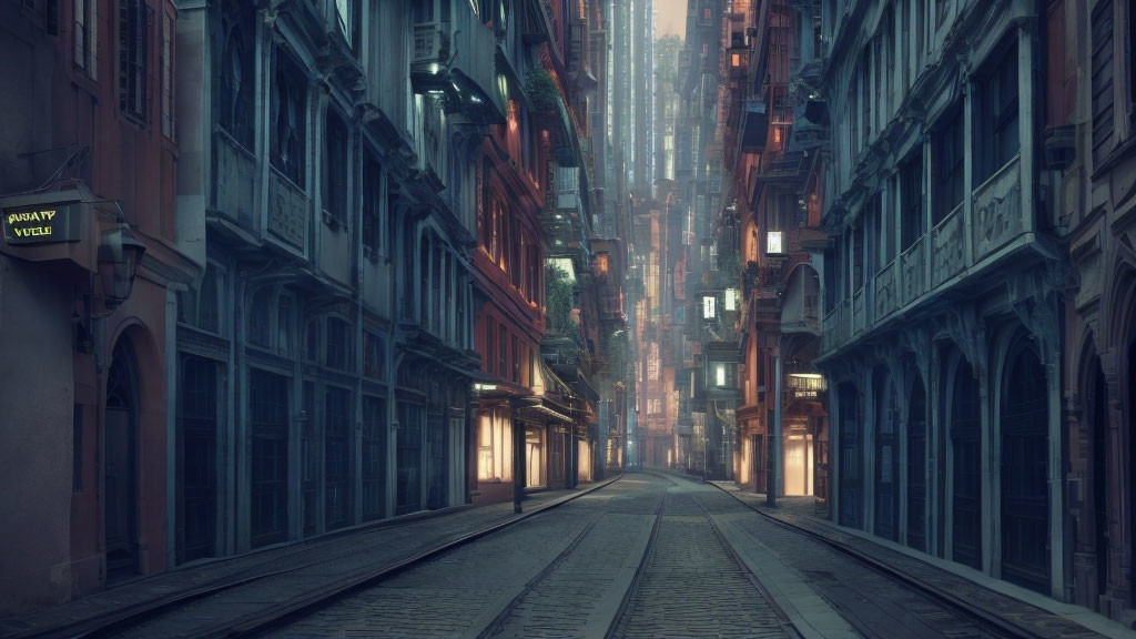 Urban alley with cobblestone streets and tall buildings under dusky sky