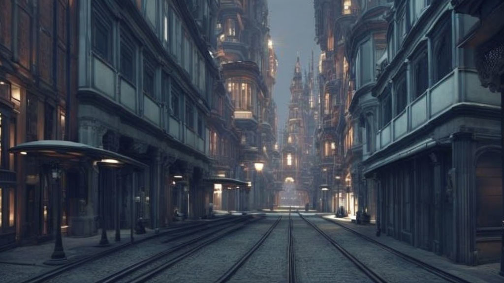 Cobblestone street with tram tracks and old European-style buildings at dusk or dawn