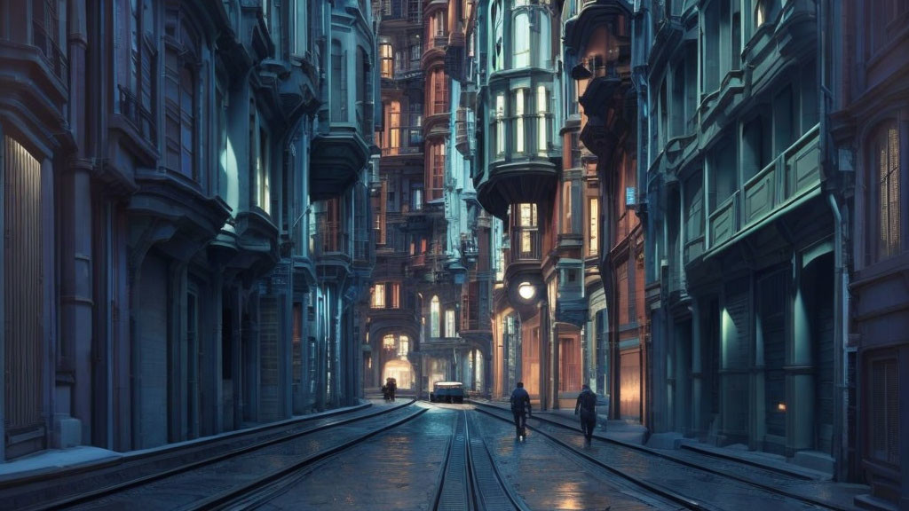 Urban street scene at twilight with ornate buildings and silhouetted figures.