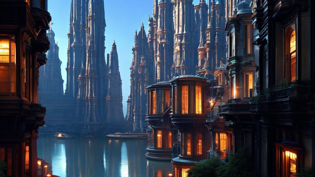 Gothic-style cityscape at twilight with ornate facades and spires