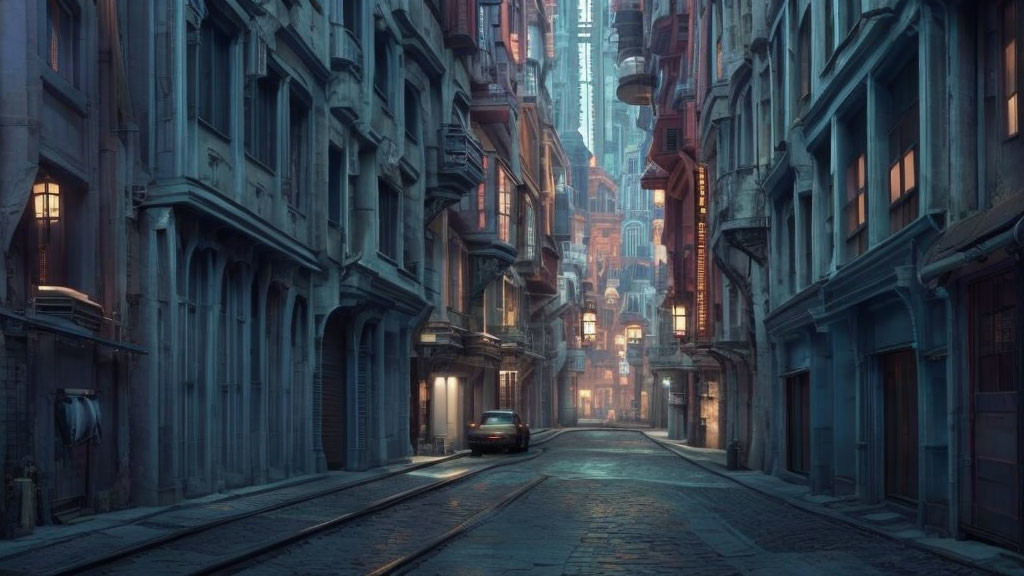 European-style buildings on narrow street with tram tracks at twilight