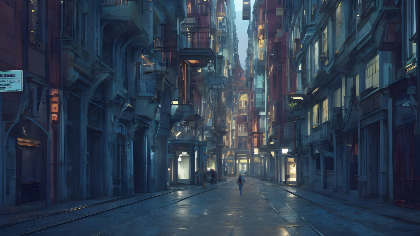 Futuristic twilight cityscape with towering buildings and lone figure