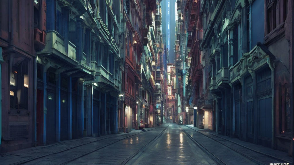 City alley at dusk with tall buildings and tram tracks.