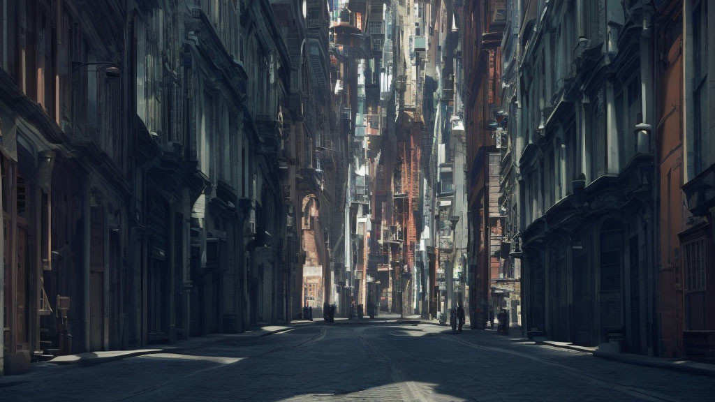 Aged urban street with tall buildings, soft light, long shadows