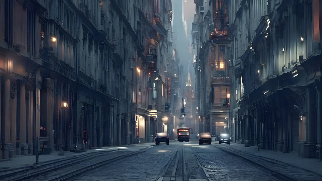 Snowy Street Scene with Tall Buildings and Headlights