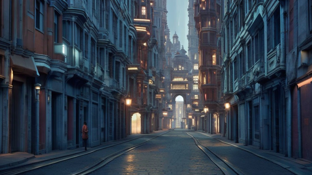 Deserted European city street at twilight with lone person.