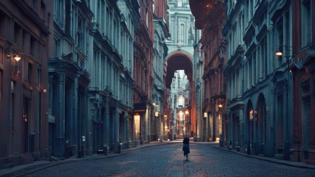 Person walks on cobblestone street past old buildings at dusk.