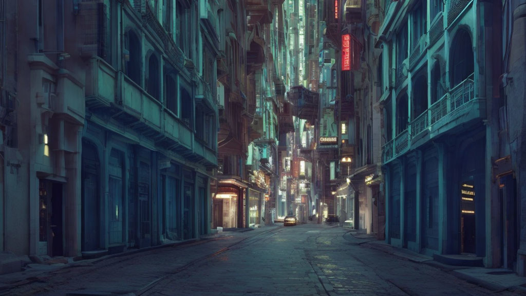 Dimly Lit Urban Alleyway at Night with Neon Signs