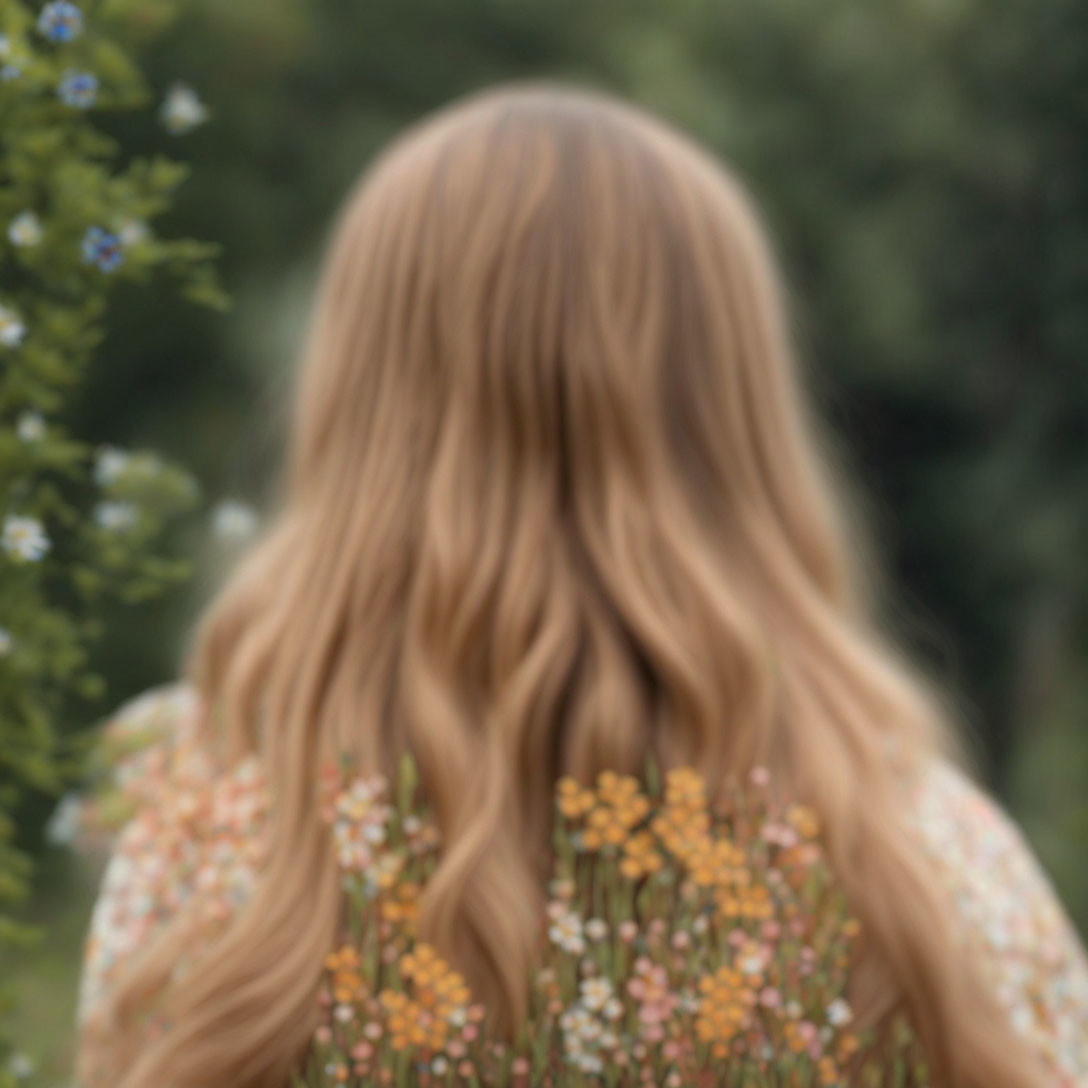 Blurred image of person with long hair in field with flowers