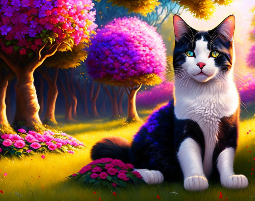 Black and White Cat with Green Eyes in Colorful Garden