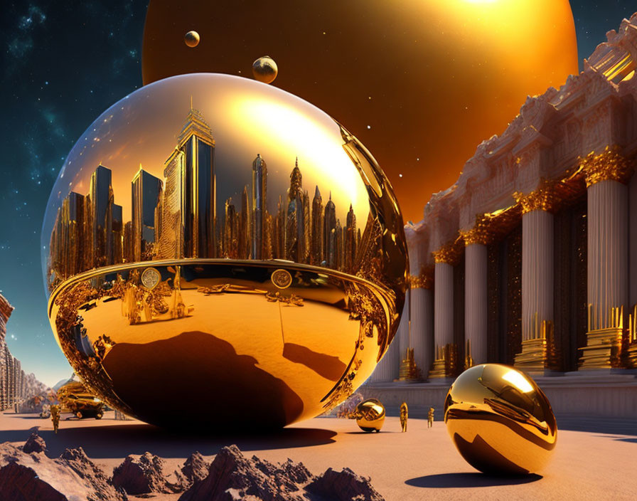 Futuristic cityscape with reflective spheres and golden sky