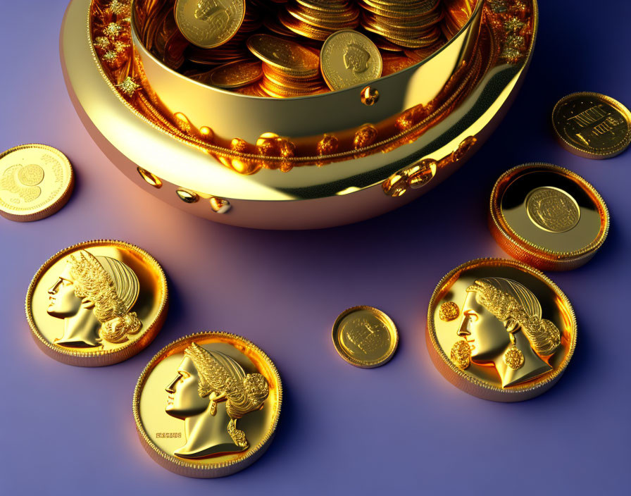 Pot of Gold Coins Overflowing on Reflective Purple Surface