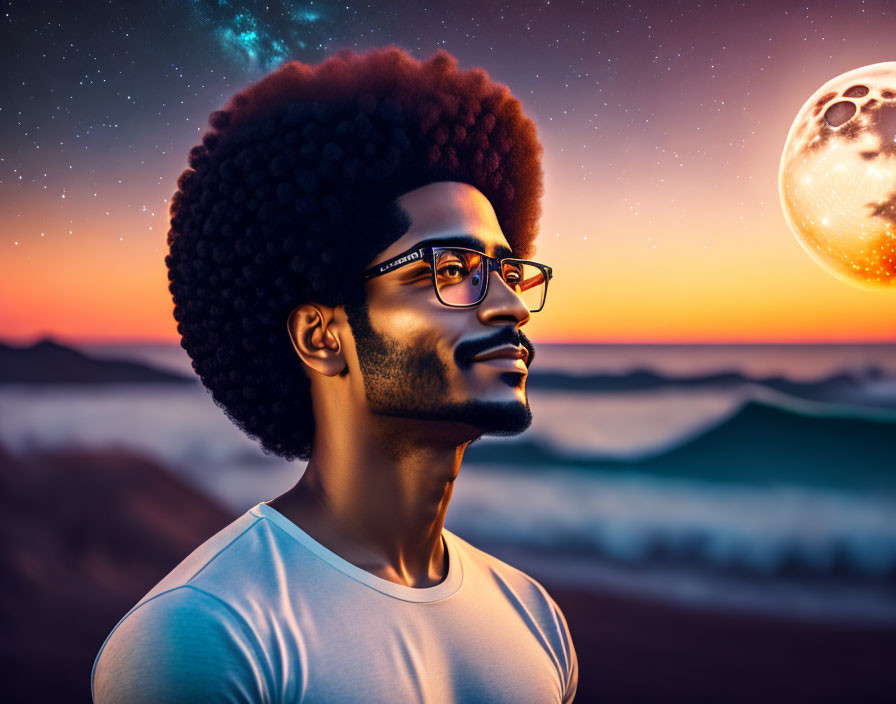 Man with Afro Contemplating Moon in Twilight Sky