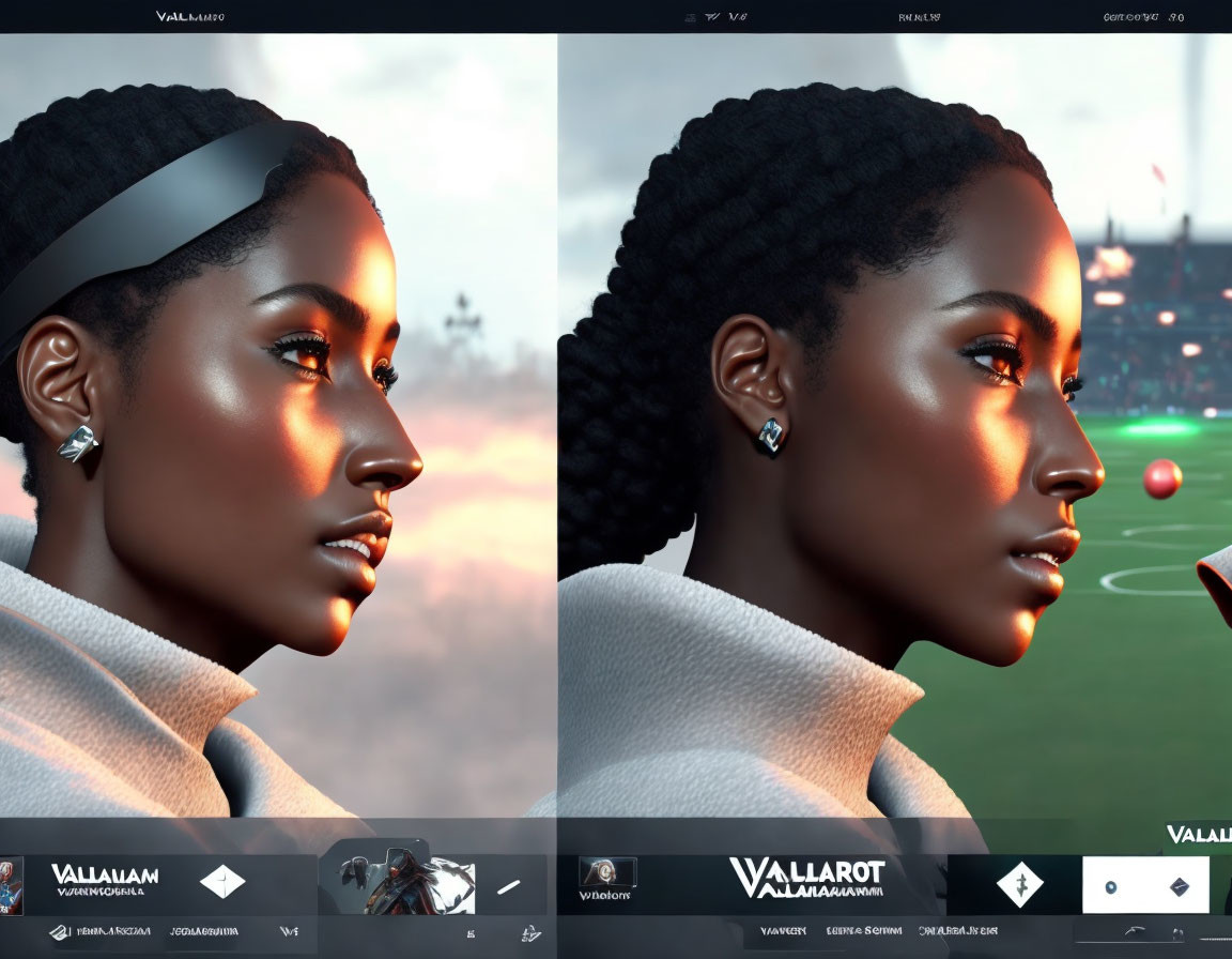 Digital portraits of a woman with intricate skin texture, headband, and earrings, against a sunset stadium