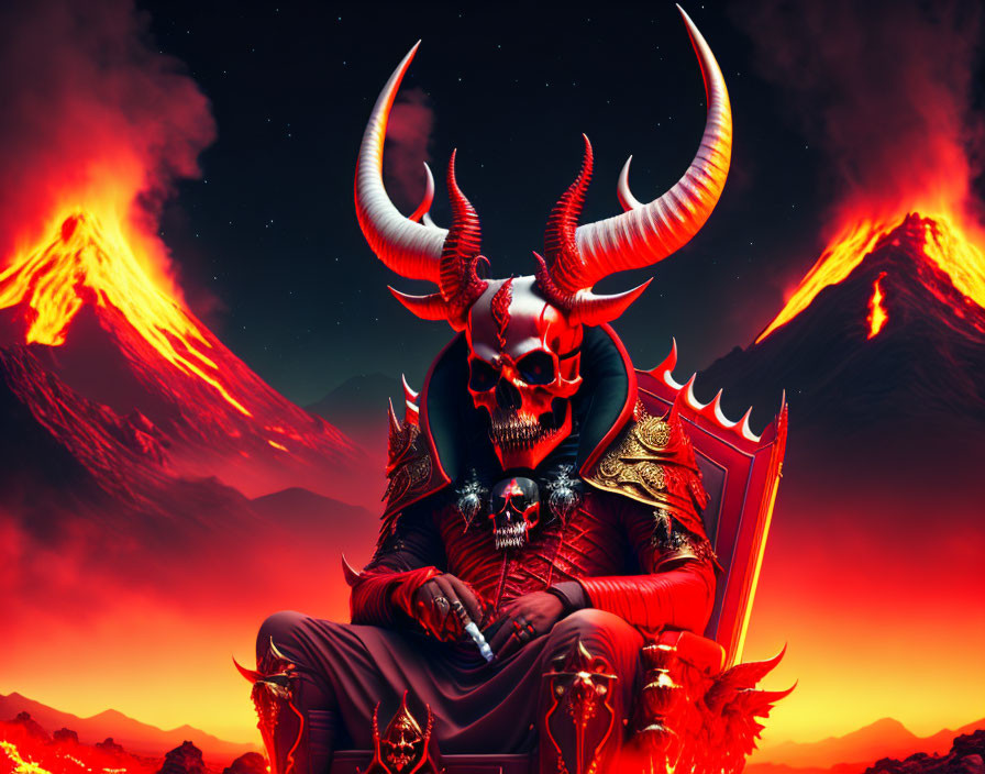 Skull-faced figure with horns on throne amidst erupting volcanoes