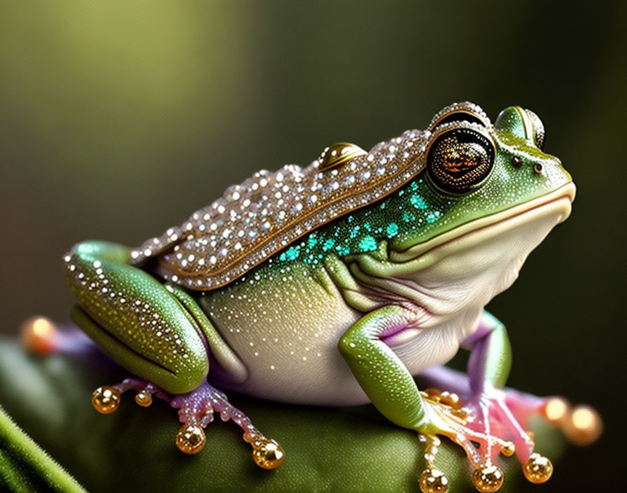 Jewel-encrusted frog with sparkling skin on leaf seat