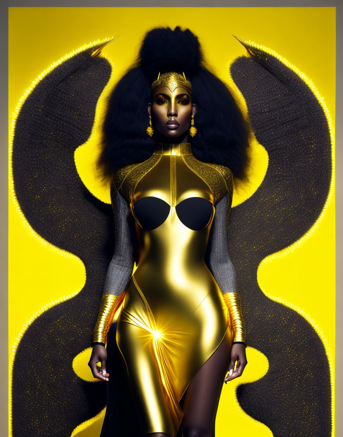 Futuristic woman in golden armor with black wings on yellow background