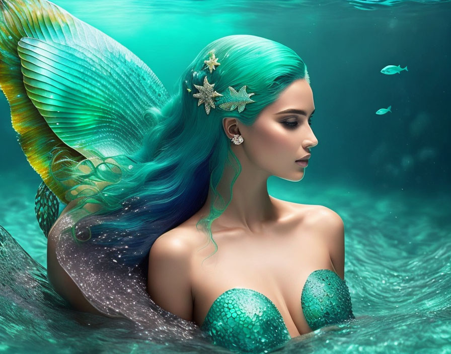 Teal-haired mermaid with starfish accessories in underwater scene