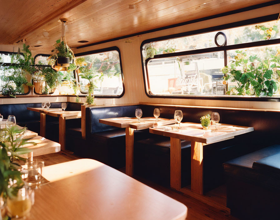 Warm, cozy restaurant interior with wooden tables, bench seating, and potted plants