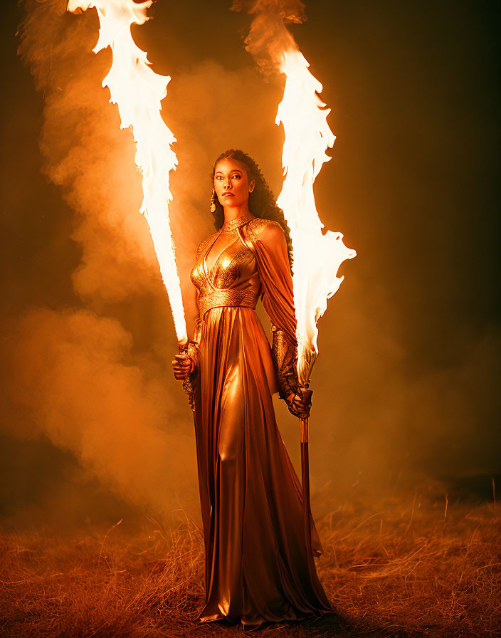 Woman in Golden Dress Holding Flaming Torches on Dark Background