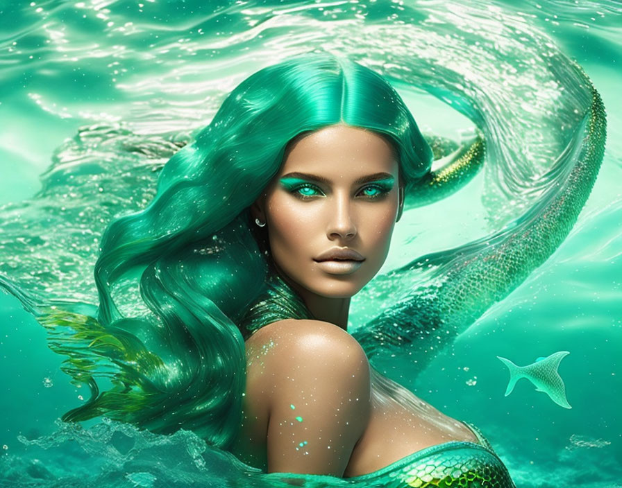 Mermaid digital artwork with green hair and scales in teal waters