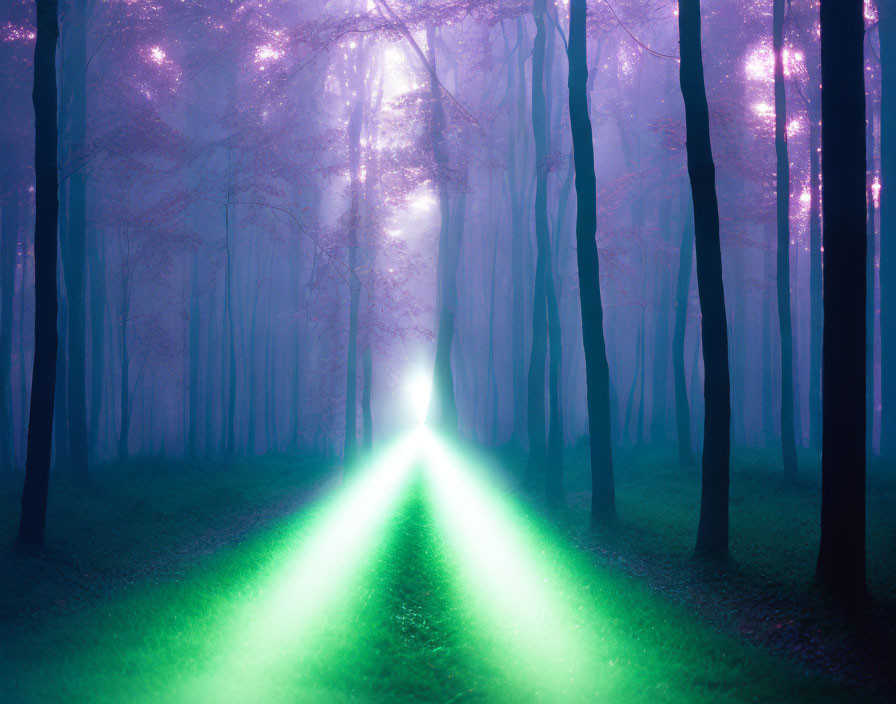 Mystical forest scene with vivid purple hue and green lights in foggy setting