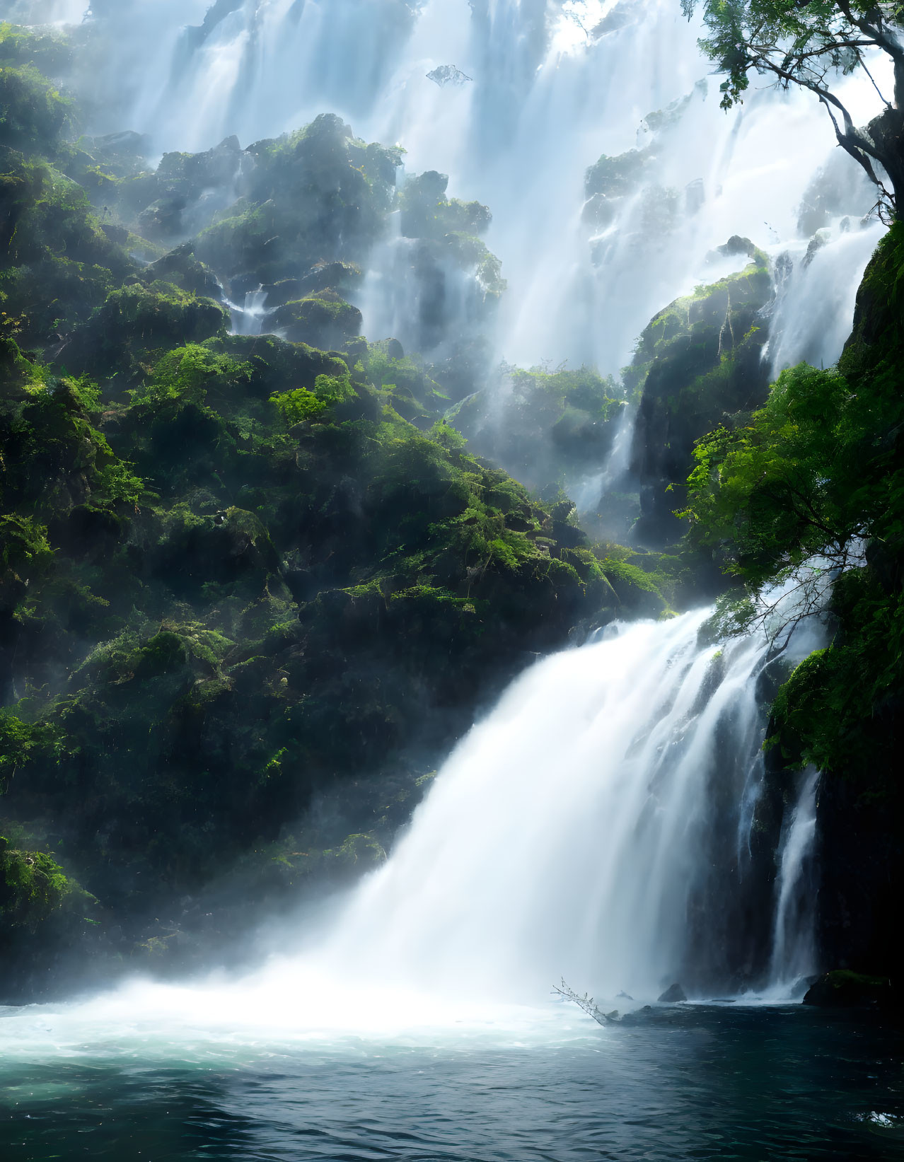 Serene lake with majestic waterfall and lush greenery