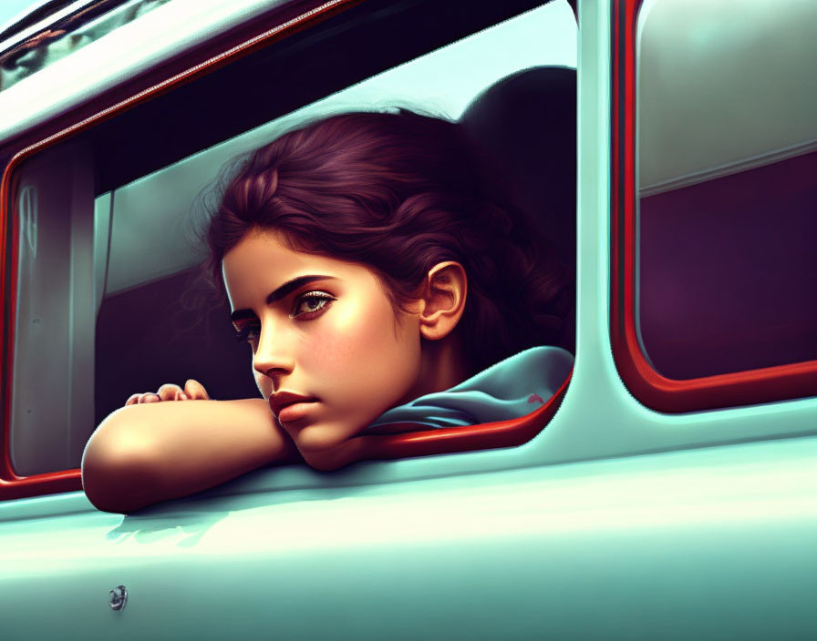 Young woman in vintage teal bus gazes out window