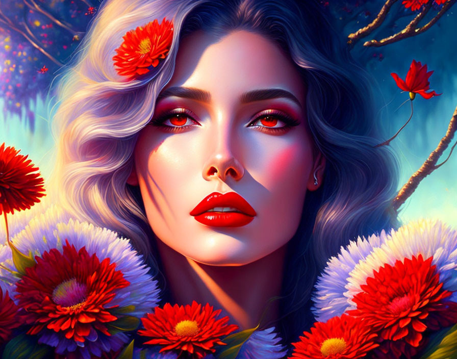 Vibrant flower-themed digital artwork featuring a woman with red lips and blue eyes