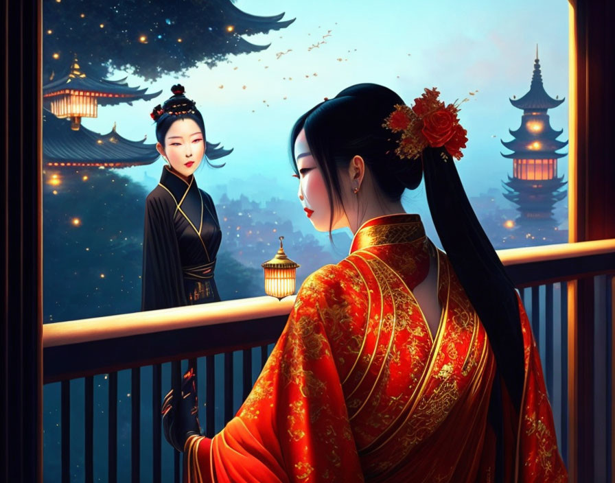 Traditional Asian Attire Women on Balcony with Lanterns and Pagoda