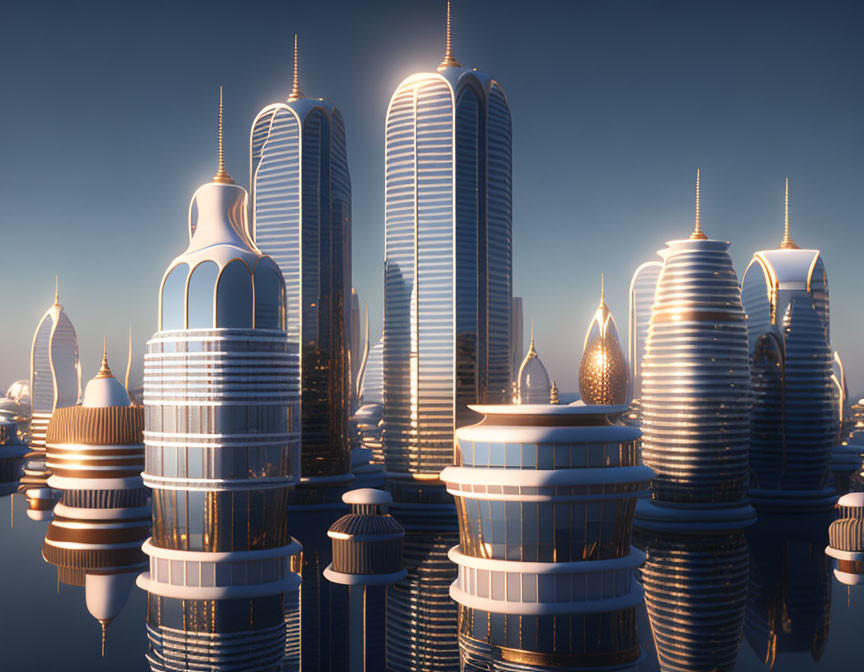 Reflective skyscrapers and domed buildings in futuristic cityscape at sunrise