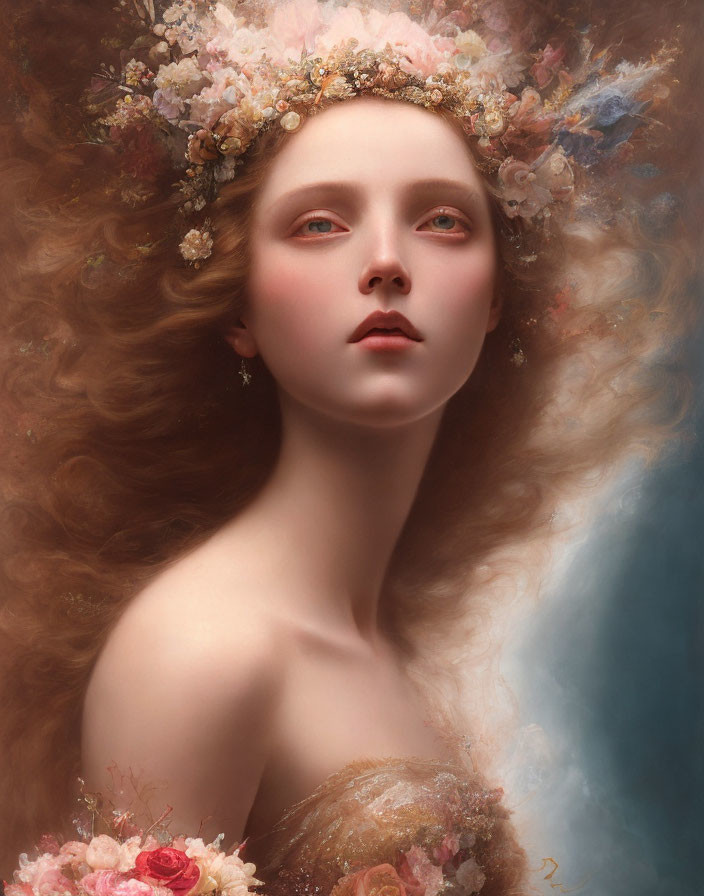 Ethereal woman portrait with floral crown and dreamy backdrop