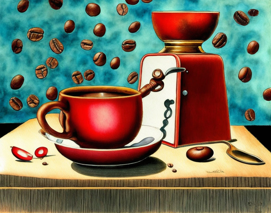 Colorful Illustration of Red Coffee Cup, Saucer, Spoon, Vintage Grinder & Floating Beans