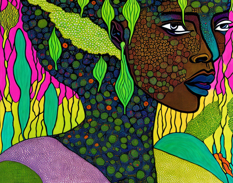 Colorful portrait of stylized figure with leaf-like hair on vibrant, plant-filled background