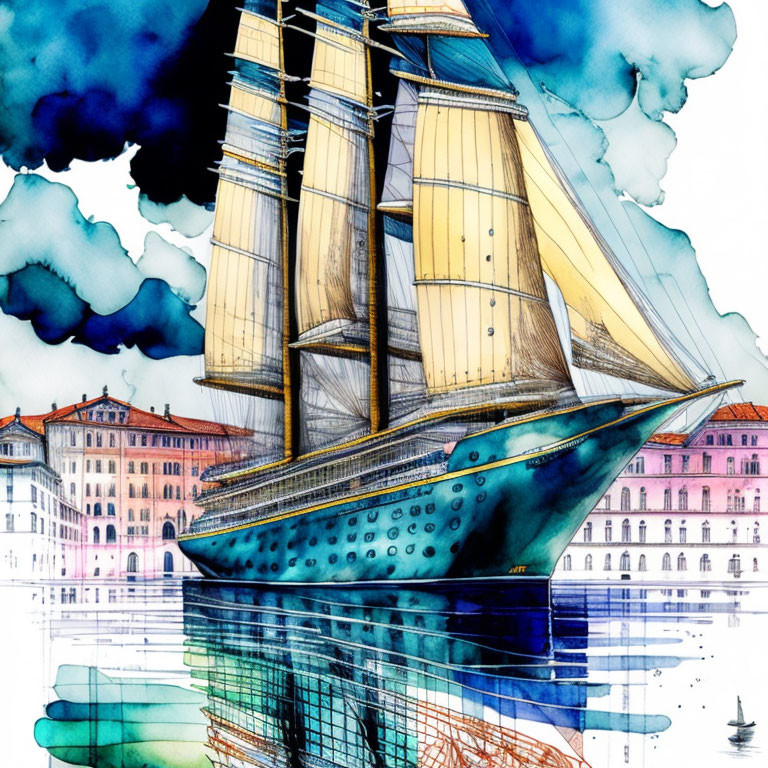 Colorful Watercolor Illustration of Tall Ship at Sea with European Cityscape and Small Boat