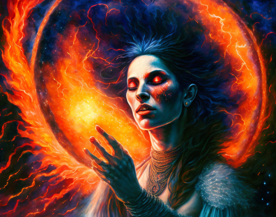 Ethereal woman with red eyes, silver necklaces, casting spell in fiery cosmic scene