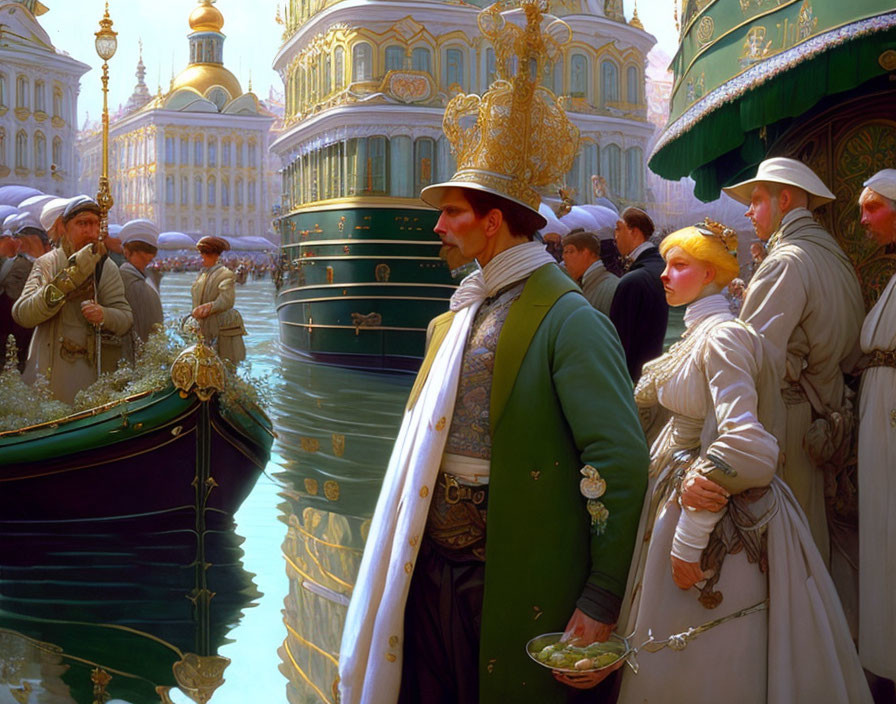 Luxurious historical scene with elegantly dressed figures, ornate boats, and golden-domed architecture