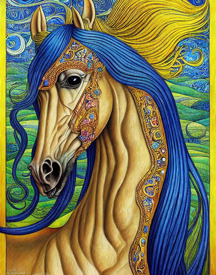 Colorful horse illustration with decorative bridle and blue mane on yellow backdrop