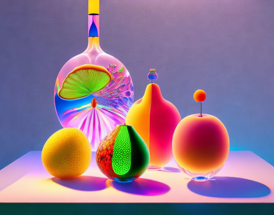 Colorful Still Life Scene with Fruit, Vases, Magnifying Spoon, and Surreal Backdrop