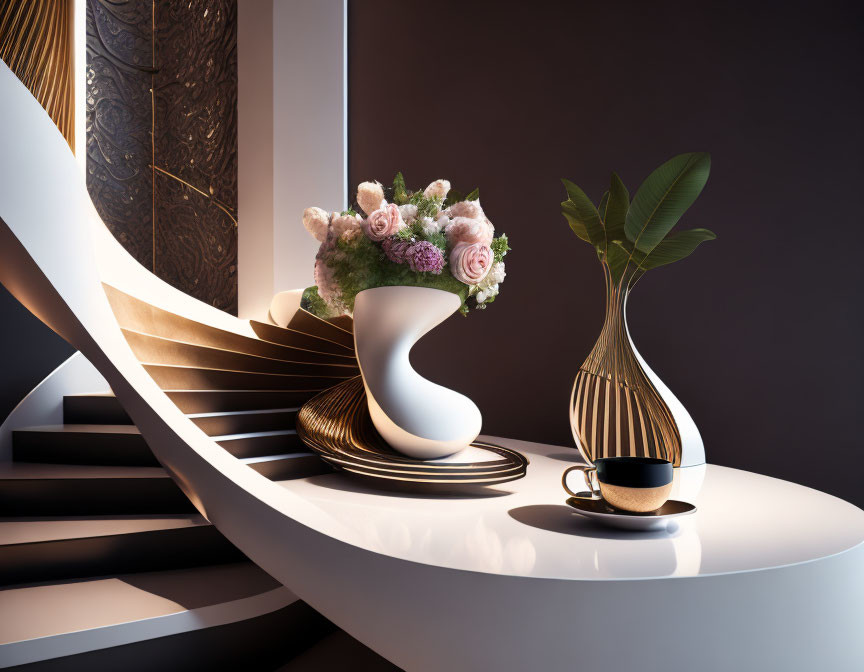 Spiral staircase, vases, flowers, and coffee cup in elegant interior