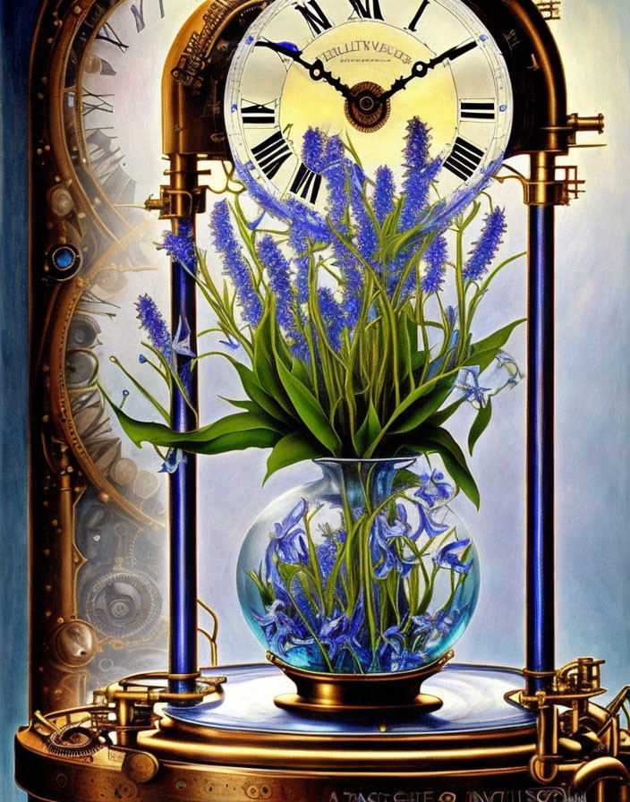 Detailed artwork of glass vase, blue flowers, clockwork, and clock face